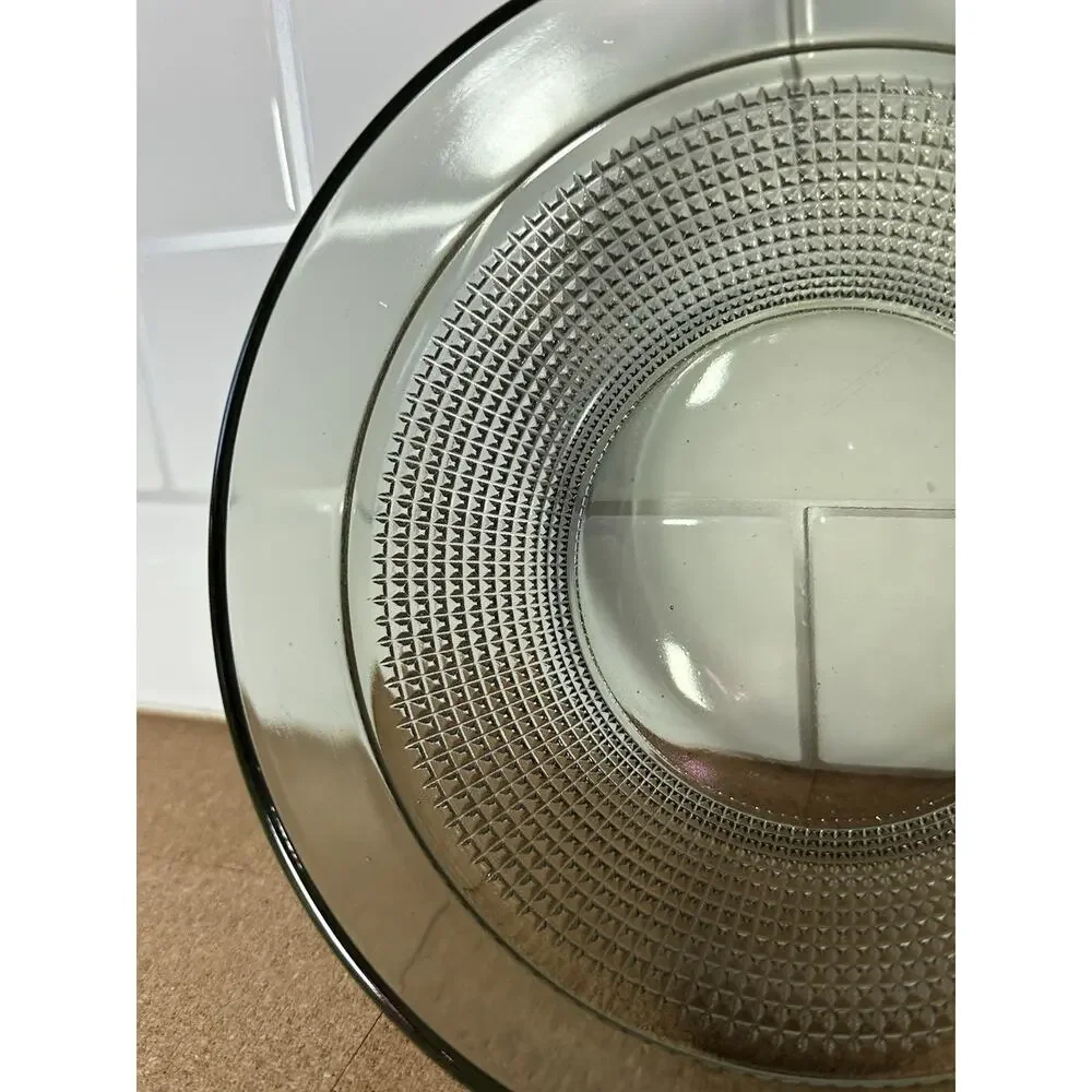 Vintage MCM smoky gray pressed glass serving bowl geometric diamond pattern